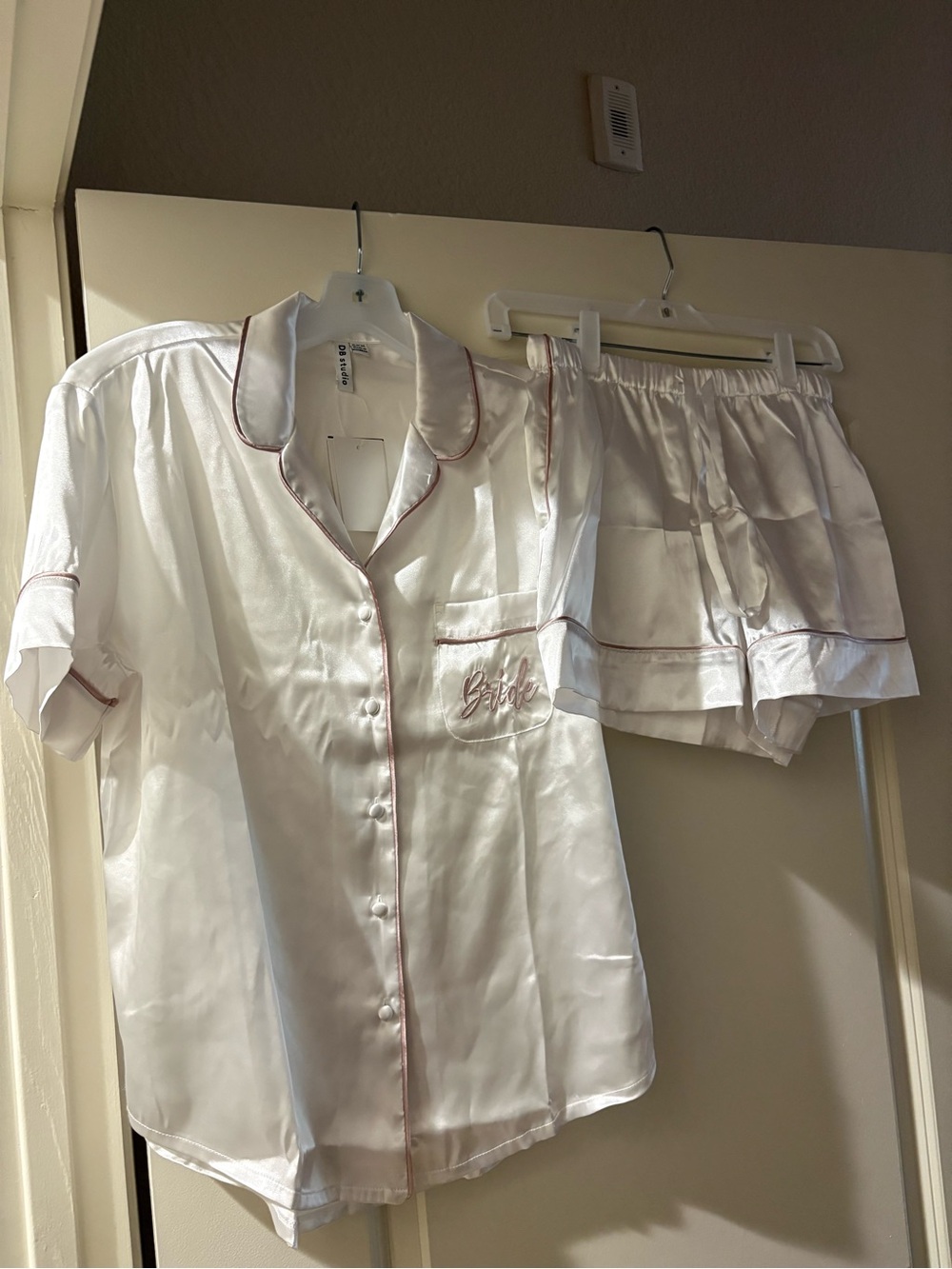 White Satin Short Pajama Set with Pink Piping - Bride Embroidered